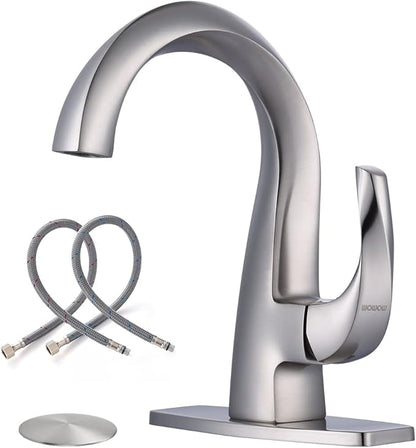 WOWOW Single Handle Bathroom Faucet, 1 Hole, High Arc, Brushed Nickel, Pop-up Drain, Solid Brass, Commercial Bathroom Sink Faucet, Basin Vanity Bar Faucet