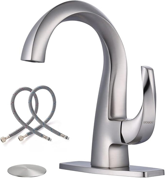 WOWOW Single Handle Bathroom Faucet, 1 Hole, High Arc, Brushed Nickel, Pop-up Drain, Solid Brass, Commercial Bathroom Sink Faucet, Basin Vanity Bar Faucet