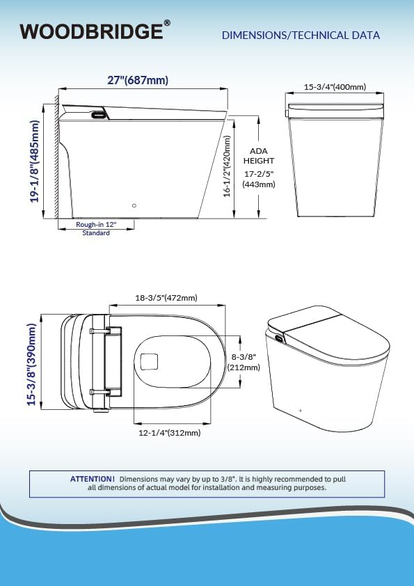 WOODBRIDGE Bidet Smart Toilet with Ultra-quiet&Quick Flush,1000g MaP Flush Score,Foam Shield,ADA Comfort Height,Auto Open/Close,Blackout Flush,Ambient Light,Heated Seat with Fragrance System,GT076