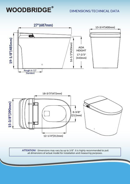 WOODBRIDGE Bidet Smart Toilet with Ultra-quiet&Quick Flush,1000g MaP Flush Score,Foam Shield,ADA Comfort Height,Auto Open/Close,Blackout Flush,Ambient Light,Heated Seat with Fragrance System,GT076