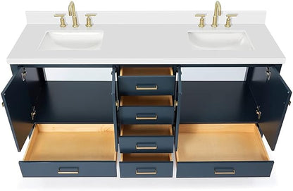 DKB Beckford 72 Inch Bathroom Vanity Double Sink — Midnight Blue Bathroom Vanity with Sink, 1.5" Edge Pure White Quartz Countertop & Backsplash, 4 Soft-Close Doors, 6 Dovetail Drawers