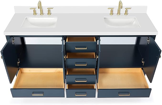 ARIEL Cambridge 72-inch Bathroom Vanity with Sink,Solid Wood, 1.5-inch Pure White Quartz Countertop, Double Rectangular Porcelain Sink, 4 Soft Closing Doors, 6 Dovetail Drawers, Midnight Blue