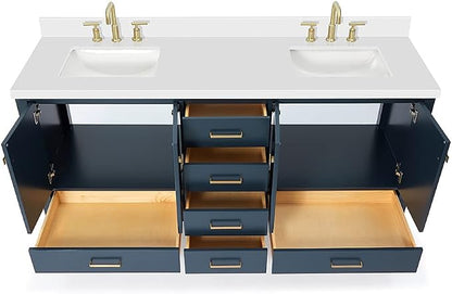 ARIEL Cambridge 72-inch Bathroom Vanity with Sink,Solid Wood, 1.5-inch Pure White Quartz Countertop, Double Rectangular Porcelain Sink, 4 Soft Closing Doors, 6 Dovetail Drawers, Midnight Blue