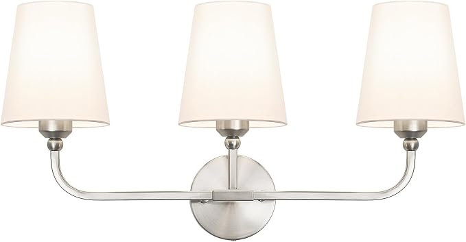 Bathroom Vanity Light Brushed Nickel Bathroom Lighting Fixtures Over Mirror | 3-Light Bathroom Light Fixtures with Flared White Fabric Shade, E26 Socket (ETL Listed)