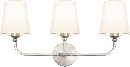 Bathroom Vanity Light Brushed Nickel Bathroom Lighting Fixtures Over Mirror | 3-Light Bathroom Light Fixtures with Flared White Fabric Shade, E26 Socket (ETL Listed)