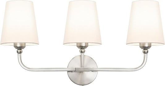 Bathroom Vanity Light Brushed Nickel Bathroom Lighting Fixtures Over Mirror | 3-Light Bathroom Light Fixtures with Flared White Fabric Shade, E26 Socket (ETL Listed)