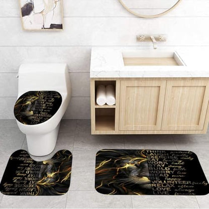 4 Pcs Black Gold Lion Shower Curtain Set with Rugs and Toilet Lid Cover