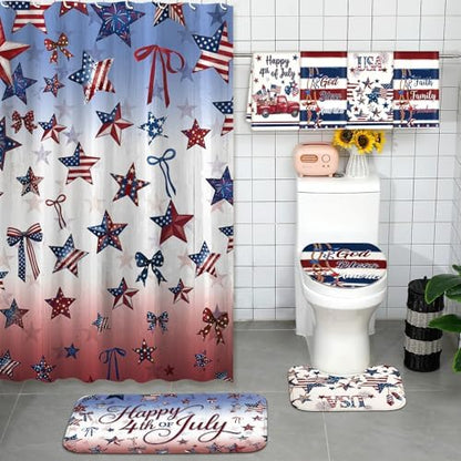 FuWeave 8 Pcs 4th of July & Memorial Day Shower Curtain Set, 250th Anniversary Patriotic Bathroom Decor, White Red Blue Star Flag American Bathroom Set with Towel, Rug, Toilet Lid Cover & 12 Hooks