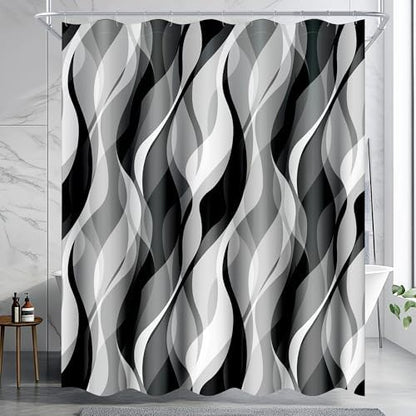White and Grey Shower Curtain for Bathroom White and Black Shower Curtain Fabric Modern Abstract Striped Minimalist Bath Curtains Waterproof Shower Curtains Set, Black Gray White, 72 x 72 Inch