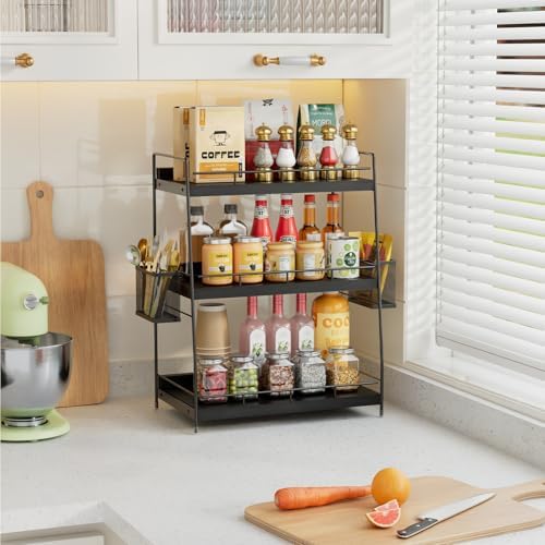 3 Tier Bathroom Counter Organizer with Side Baskets, Wooden Vanity Shelf