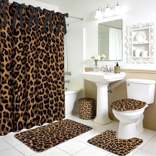 AnyDesign 28 Pcs Leopard Shower Curtain Set with Non-Slip Bath Mat U-Shaped Rug Toilet Lid Cover Cheetah Print Shower Curtain with Hooks and Black Ribbons for Bathroom Accessories & Decor
