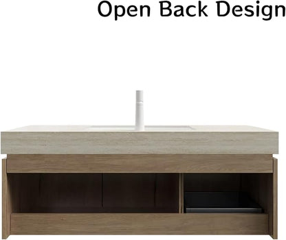 48" Bathroom Vanity with Sink, Wall-Mounted Plywood Bathroom Storage Cabinet with Ceramic Basin & Sintered Stone Countertop, Modern Pre-Assembled Floating Vanity with Drawer & Door, Oak