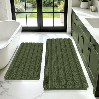 Christmas Striped Olive Green Bathroom Rug Mat Set 2 piece 24"x17"+48"x20" Ultra Soft, Non Slip Chenille Bath Rugs, Absorbent Plush Shaggy Bath Mats for Bathroom, Bedroom, Kitchen, Shower, Tub