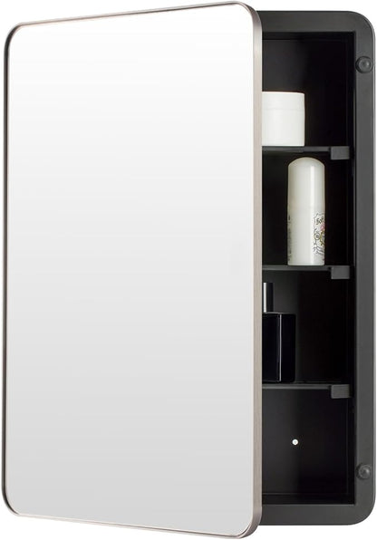 16’’x26’’ Medicine Cabinet,Metal Framed Medicine Cabinet Mirror with Round Corner,Recessed and Surface Mount Bathroom Mirror with Storage, Removeable Shelves,Sliver