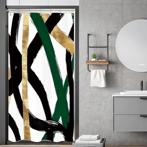 Stall Abstract Sage Green Black Shower Curtain 36Wx72L Inch Half Small Line Minimalist Contemporary Modern Simple Art Bathroom Set Accessories Decor with Plastic Hooks