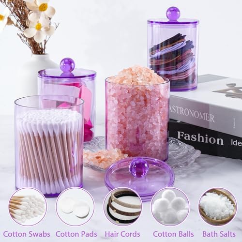 2 Pcs Acrylic Qtip Holder, Cotton Ball Holder Jars with Lids, Purple