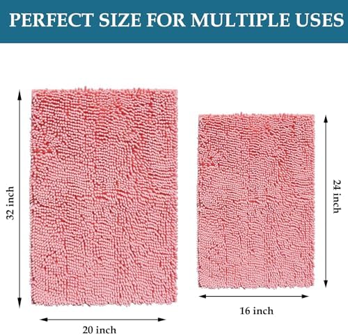 RUN HELIX Pink Bath Rug Set 2 Piece, Thick Soft Absorbent Chenille, PVC Backing Quick Dry Microfiber Mats, Machine Washable Mats for Shower Floor, Shaggy Bathroom Runner Bathmat Accessories Decor