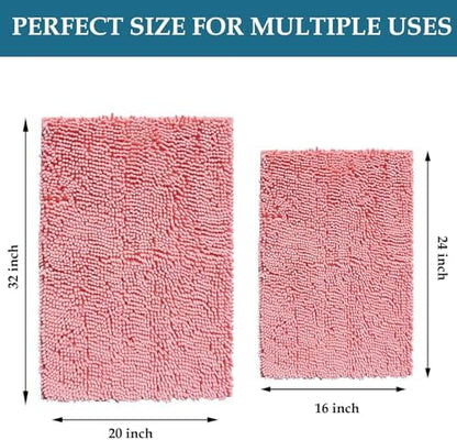 RUN HELIX Pink Bath Rug Set 2 Piece, Thick Soft Absorbent Chenille, PVC Backing Quick Dry Microfiber Mats, Machine Washable Mats for Shower Floor, Shaggy Bathroom Runner Bathmat Accessories Decor