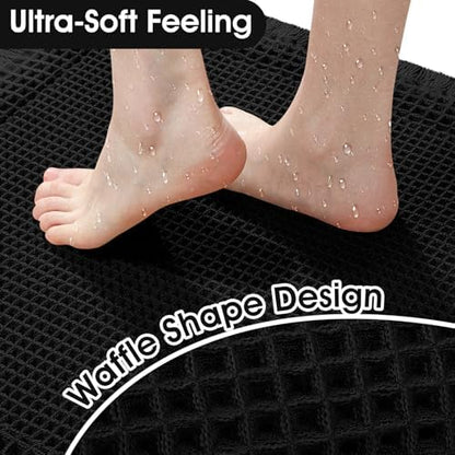 Upgraded Waffle Bath Mat Set 2 Piece Black-Bordered, Super Absorbent Non-Slip Quick Dry Bathroom Rugs with Tassels, Machine Washable Ultra Soft Boho Bath Rugs for Floor, Bath Mats Boho Farmhouse Decor