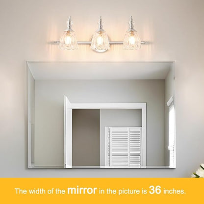 Brushed Nickel Vanity Light, Antique Bathroom Vanity Light Over Mirror, 3 Light Lighting Fixture with Flower Glass Shade, Farmhouse Sconces Wall Lighting for Hallway Living Room Bedroom