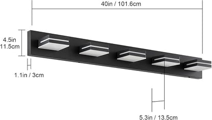 Bathroom Vanity Lighting Fixtures Over Mirror (5-Light, 40-Inch) Dimmable Modern LED Bathroom Wall Lighting Fixtures, Matte Black (3000K/3500K/4000K/5000K/6000K)