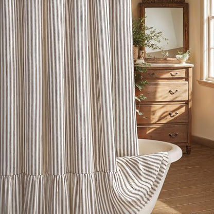 Farmhouse Shower Curtain Ruffle Linen Cream-Brown Stripe 72"W x 90"L