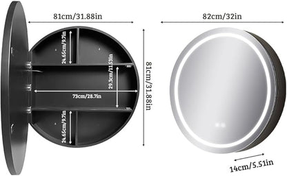 Round Medicine Cabinet with Light,3 Color Temperature,Dimmer,Defogger,32inch,Black