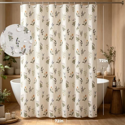Linen Farmhouse Floral Shower Curtain with Lavender, Violet, Cornflower Wildflower Print, Water Resistant Fabric 72x72in Boho Shower Curtain with 12 Plastic Hooks