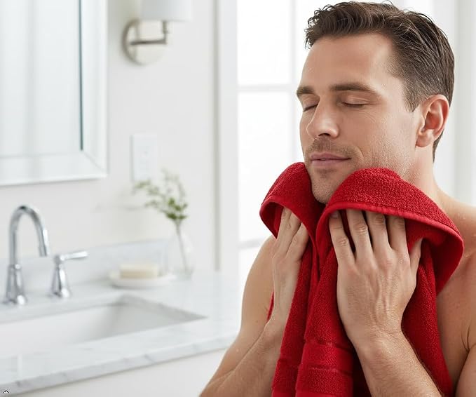 6 Piece 100% Cotton Bath Towel Set -2 Bath -2 Hand -2 Face, Red | 100% Cotton • Thick & Plush • Hotel Quality • Ultra Soft • Highly Absorbent • Quick Dry • Low Lint • Machine Washable