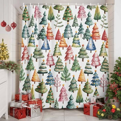 Christmas Tree Shower Curtain Bathroom Set Star Xmas Pine Trees Waterproof Shower Curtains with Grommets Hooks Colorful Cartoon Style Privacy Bath Curtain for Bathtub Decor 60x72in