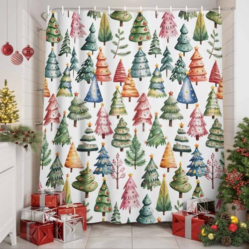 Christmas Tree Shower Curtain Bathroom Set Star Xmas Pine Trees Waterproof Shower Curtains with Grommets Hooks Colorful Cartoon Style Privacy Bath Curtain for Bathtub Decor 72x72in