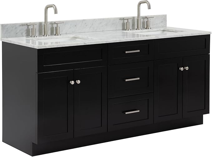 ARIEL Hamlet 72-inch Bathroom Vanity with Sink,Solid Wood, 0.75-inch Italian Carrara Marble Countertop & Backsplash, Double Oval Sink, 4 Soft Closing Doors, 3 Dovetail Drawers, Black