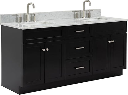 ARIEL Hamlet 72-inch Bathroom Vanity with Sink,Solid Wood, 0.75-inch Italian Carrara Marble Countertop & Backsplash, Double Oval Sink, 4 Soft Closing Doors, 3 Dovetail Drawers, Black
