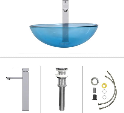 Bathroom Vessel Sink, Tempered Glass Vanity Round Bowl with Chrome Faucet and Pop up drain Set, Blue