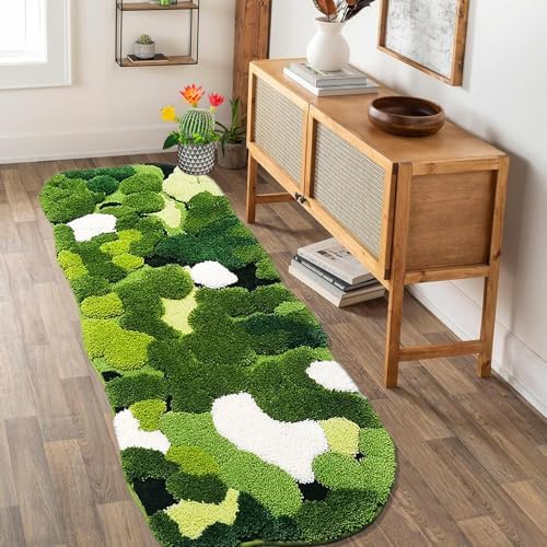 Hifuwan Cute Green Moss Bathroom Runner Rugs 24x60, Plant Leaves Bath Mats