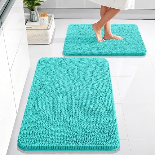 OLANLY Chenille Bathroom Rugs Mats Sets 2 Piece, 30"x20"+24"x16", Teal