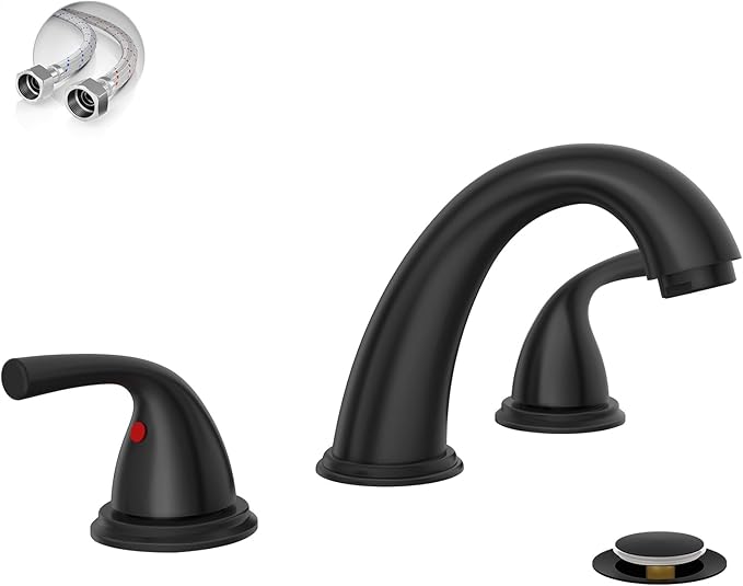 Phiestina 8 Inch 3 Hole Matte Black Widespread Bathroom Faucet, Low Arc Basin Sink Faucet, with Metal Pop-up Drain with Overflow and Water Supply Line, BF03008-B11-MB