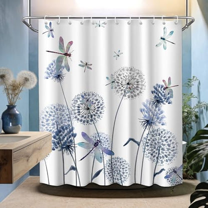 Navy Blue Dandelion Shower Curtain Spring Dark Blue Dragonfly Grey White Watercolor Shower Curtains for Bathroom Decor, Waterproof Cloth Fabric with Hooks 70" Wx72 L