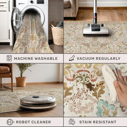 Large Entryway Rugs Indoor - Beige 3x5 Washable Rugs for Kitchen Bedroom Beside Bed Door Mat Indoor Entrance with Light Beige Woodland Flowers, Non Slip Stain Resistant Low Pile