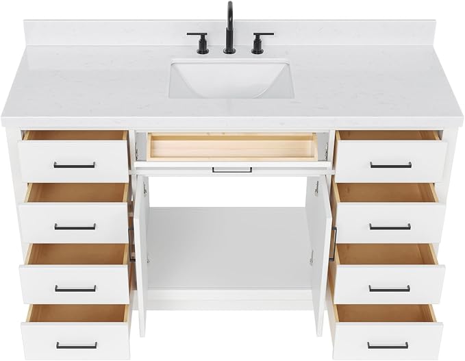 ARIEL Hepburn 60-inch Bathroom Vanity with Sink,Solid Wood, 1.5-inch Carrara White Quartz Countertop & Backsplash, Single Rectangular Porcelain Sink, 2 Soft Closing Doors, 9 Dovetail Drawers, White