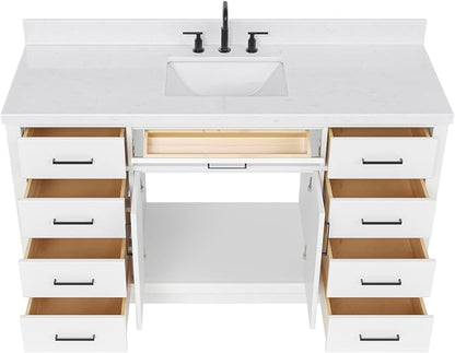 ARIEL Hepburn 60-inch Bathroom Vanity with Sink,Solid Wood, 1.5-inch Carrara White Quartz Countertop & Backsplash, Single Rectangular Porcelain Sink, 2 Soft Closing Doors, 9 Dovetail Drawers, White