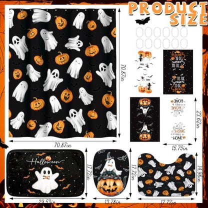 Honoson 8 Pcs Halloween Shower Curtain Set Ghost Pumpkin Bathroom Decor