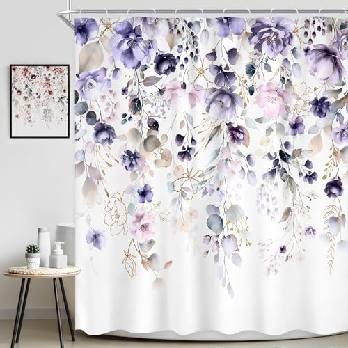 Floral Purple Pink Leaf Rustic Girly Bathroom Shower Curtain Set