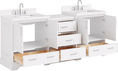 ARIEL Stafford 84-inch Bathroom Vanity with Sink,Solid Wood, 1.5in Carrara White Quartz Countertop & Backsplash, Double Rectangular Porcelain Sink, 4 Soft Closing Doors, 5 Dovetail Drawers, White