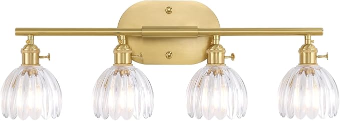 Shenmoyl Bathroom Light Fixtures, 4-Light Brass Vanity wall Light Over Mirror with Clear Tulip Glass Shade for Bedroom Living Room (Bulb Not Included)