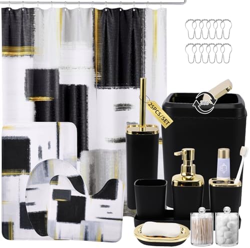 XLHOMO Bathroom Set - Black Bathroom Accessories Set, Bathroom Sets with Shower Curtain and Rugs, Black Shower Curtain Set with Bathroom Trash Can, Soap Dispenser, Soap Dish for Home Decor