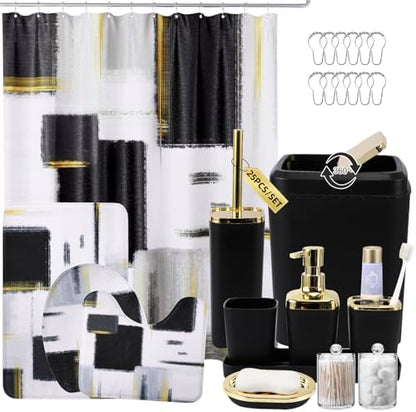 XLHOMO Bathroom Set - Black Bathroom Accessories Set, Bathroom Sets with Shower Curtain and Rugs, Black Shower Curtain Set with Bathroom Trash Can, Soap Dispenser, Soap Dish for Home Decor