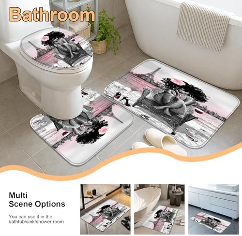 African American Woman Bathroom Shower Curtain Set, Pink Grey