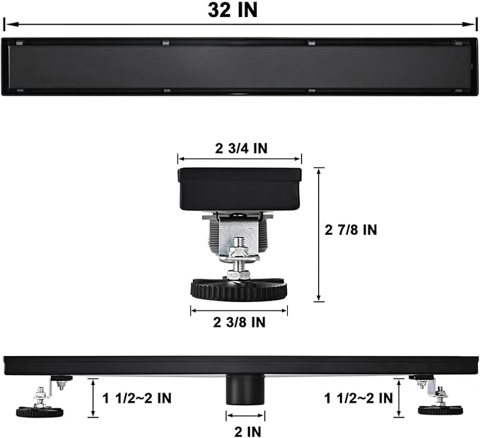 Linear Shower Floor Drain, Black 32 Inch 304 Stainless Steel Bathroom Drains Kit, Rectangular Shower Trench Drain with Reversable Tile-in Pattern Drain Cover & Hair Catcher
