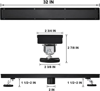 Linear Shower Floor Drain, Black 32 Inch 304 Stainless Steel Bathroom Drains Kit, Rectangular Shower Trench Drain with Reversable Tile-in Pattern Drain Cover & Hair Catcher